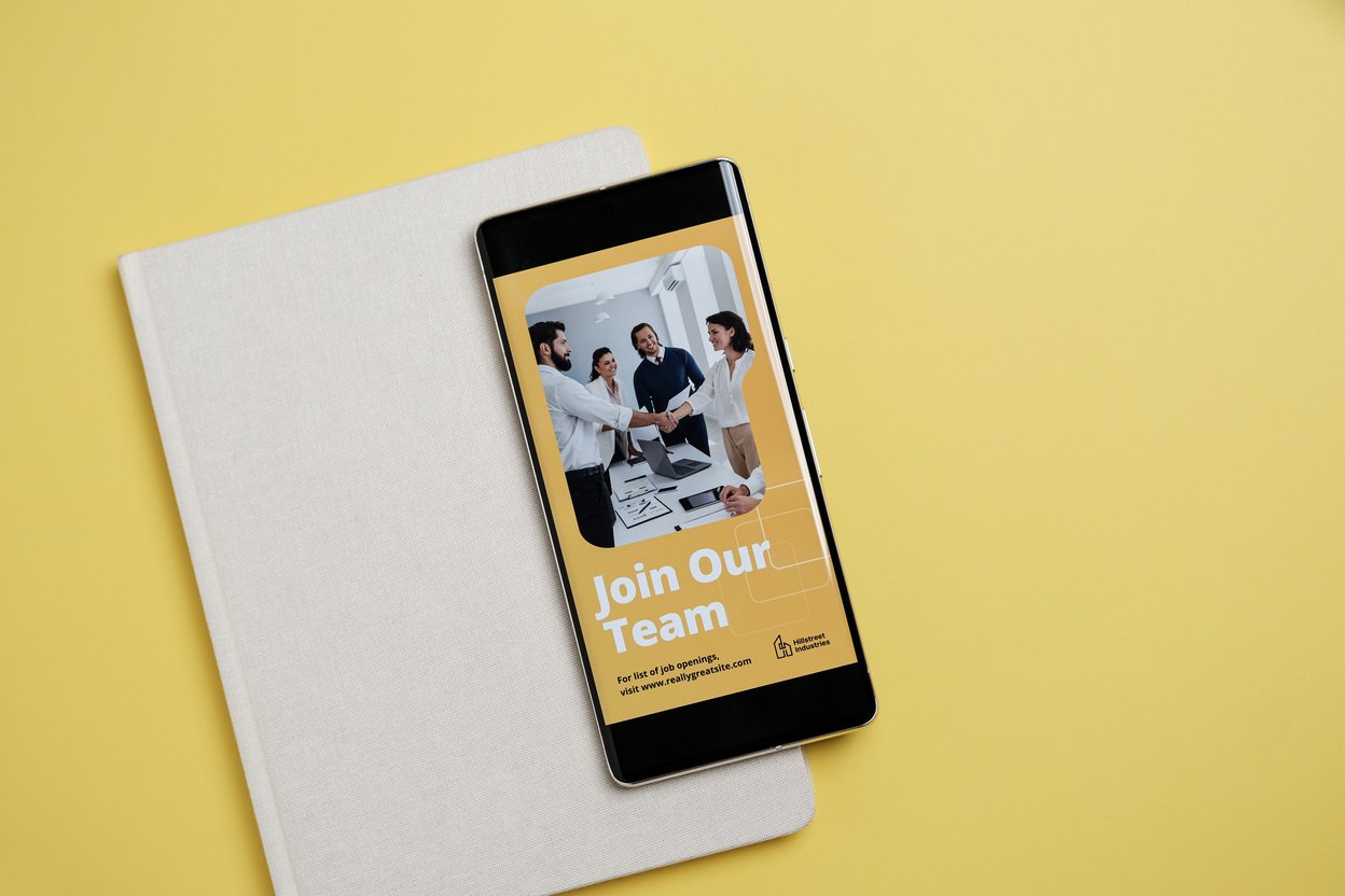 Recruitment Design Mockup on Smartphone on Yellow Background